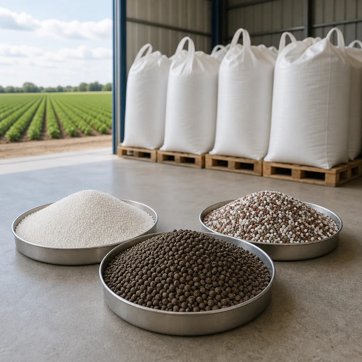 Mineral fertilizer granules and bagged products in an agricultural warehouse